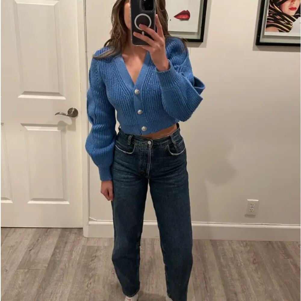 Derek Lam Blue Cropped Cardigan SMALL Cotton Sweater Twisted Sleeve Chunky $450 - Picture 7 of 12